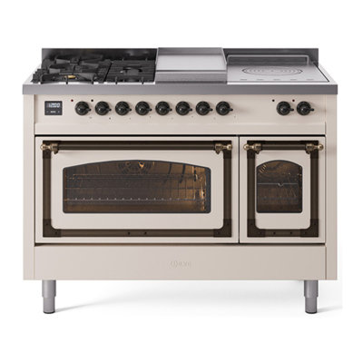 ILVE Nostalgie II Series Noblesse 48 inch Dual Fuel Range 5 Sealed Burners, Griddle, Frenchtop (Glass Door)