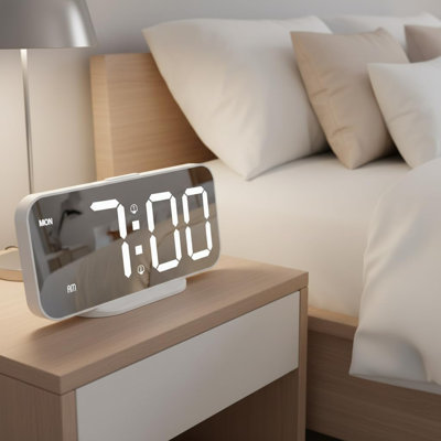 Mirror LED Digital Alarm Clock with Dual Alarms & Snooze, Dimmable Bedside Clock for Bedroom Dorm Office