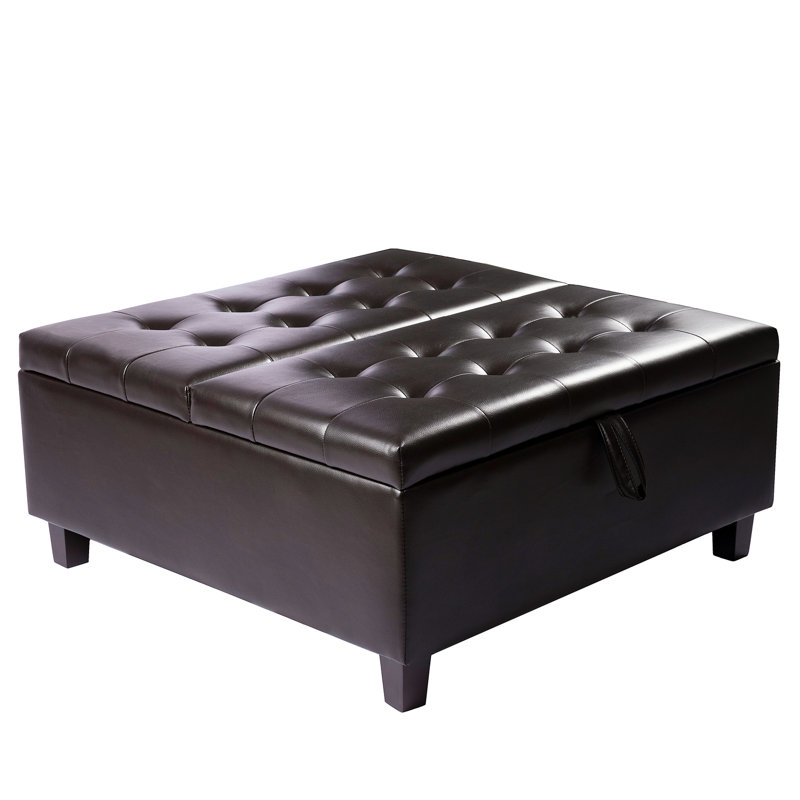 Ciara 35.43" Wide Button Tufted Square Storage Ottoman Upholstered Lift Top Large Ottoman Coffee Table, Espresso Faux Leather