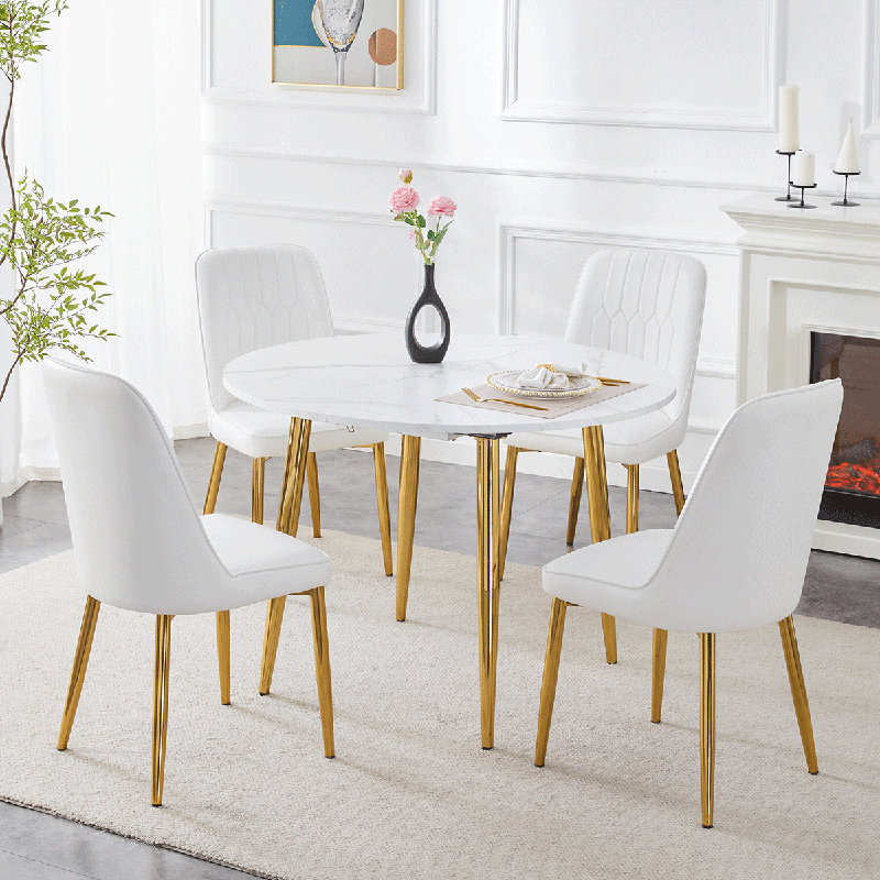 Ensemble de table de salle à manger ronde pour 4 à 6 personnes, table de salle à manger extensible en marbre de 42 po à 54 po avec pieds en métal doré et chaises rembourrées en similicuir, idéale pour les petits appartements.