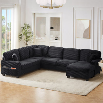 Canapé modulaire en forme de U Canapé modulaire rembourré en L de 125,2 po avec repose-pieds mobile et poches de rangement latérales pour le salon, noir