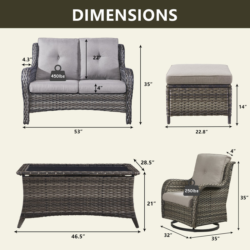 Ensemble de conversation pour 4 personnes avec coussins, Cadre gris / coussin gris