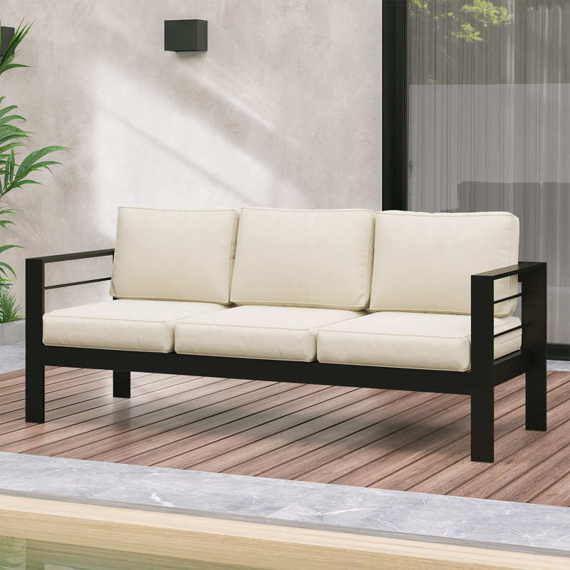Brandtley Aluminum Patio Sofa, Black Frame/Beige Cushion