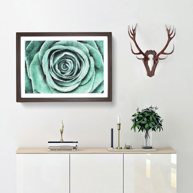 Mint Green Rose - Picture Frame Graphic Art Print, Walnut Framed, 62cm H x 87cm W x 2cm D