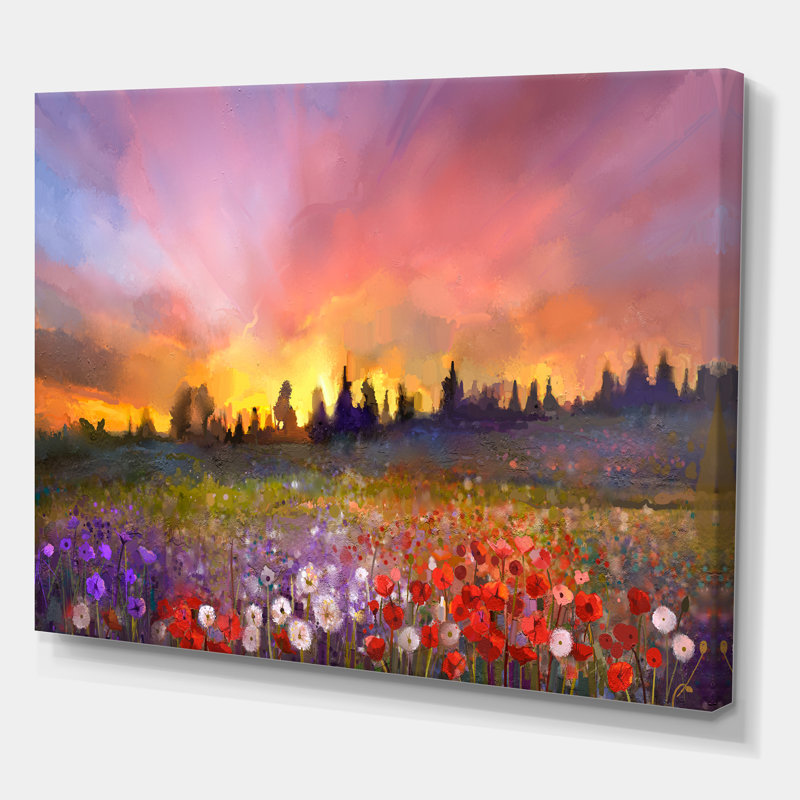 «Sunset Meadow Landscape, Poppy Dandelion and Daisy», reproduction d'art sur toile, H 12 po x l 20 po x P 1 po, Toile tendue