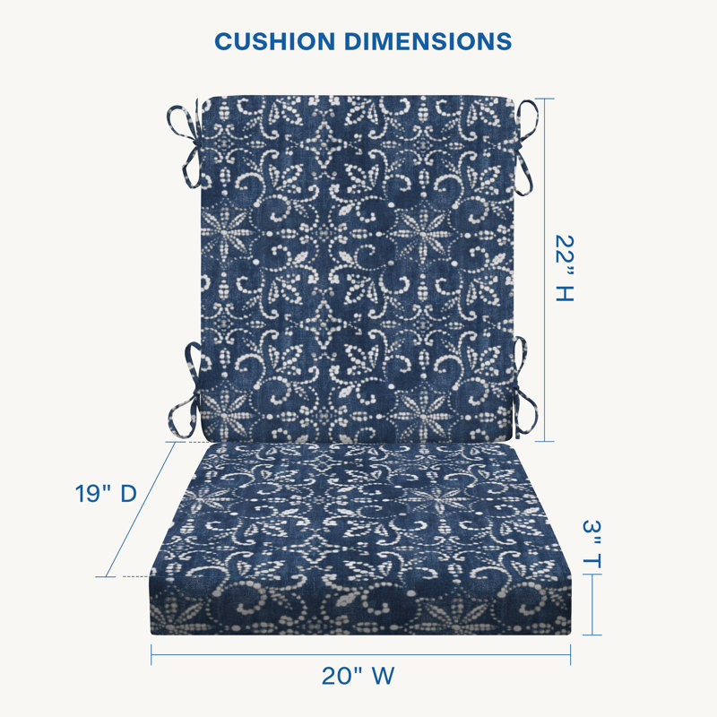 Cesur High Back Outdoor Chair Cushions, Weather-Resistant Supportive Patio Dining Chair Cushions, Block Print Blue, 3"
