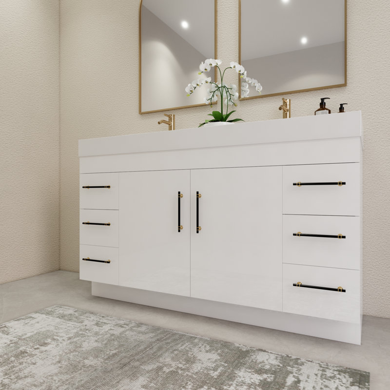60" Double Bathroom Vanity Set with Drawers and Doors, Glossy White