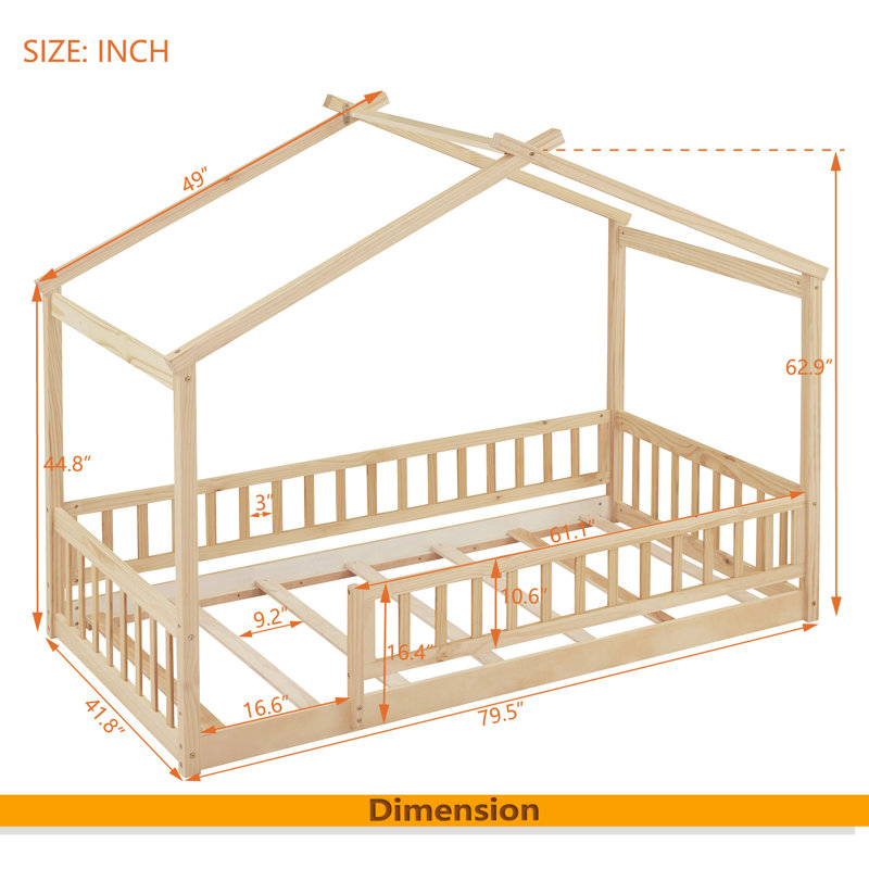 Wood Bed House Bed Frame With Fence, Natural, Twin