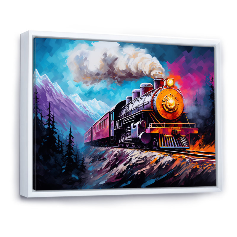 Steamtrain Travelling In Winter Snow, reproduction d'art sur toile, H 34 po x l 44 po x P 1,5 po, Cadre flottant blanc