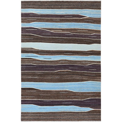 Tapis brun / bleu en laine noué à la main de conception unique 6 pi 4 po x 9 pi New Age