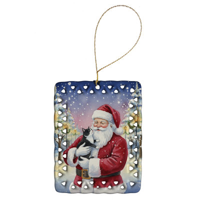 Black & White Tuxedo Cat with Santa Claus Porcelain Ornament