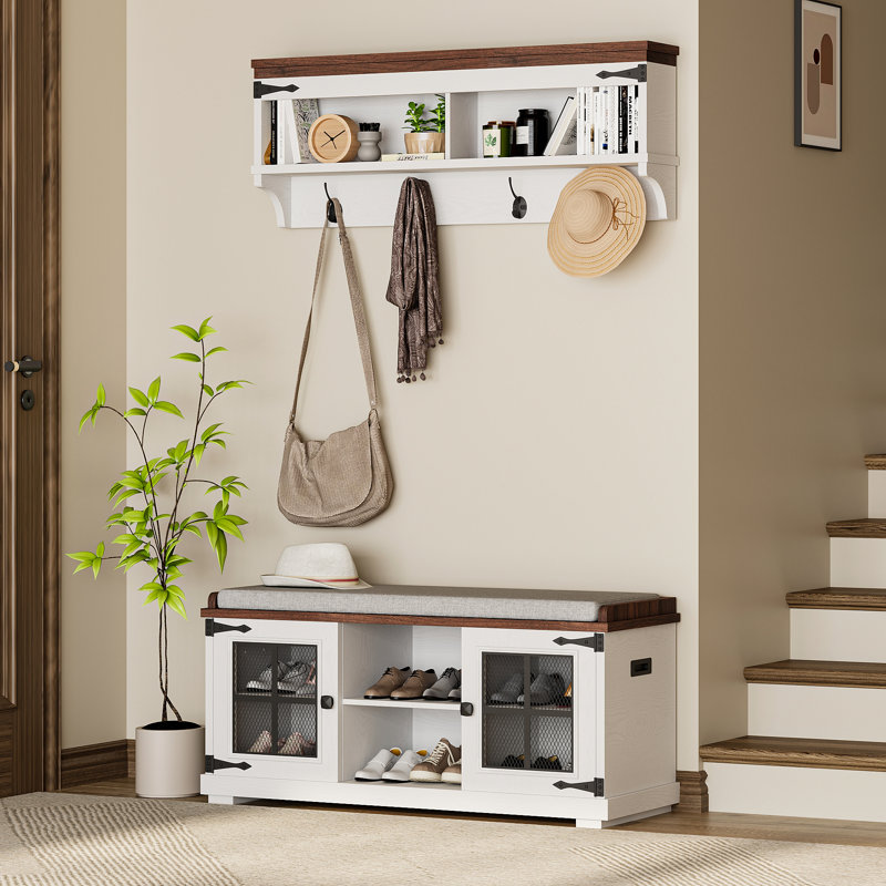 39.76" Wide Hall Tree With Bench And Shoe Storage, Entryway Bench With Soft Seat Cushion, Wall Mount Coat Rack Shoe Bench Set For Hallway