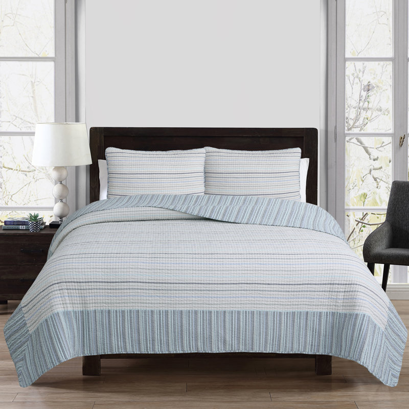 Twin Blue Microfiber Reversible Quilt Set with Shams