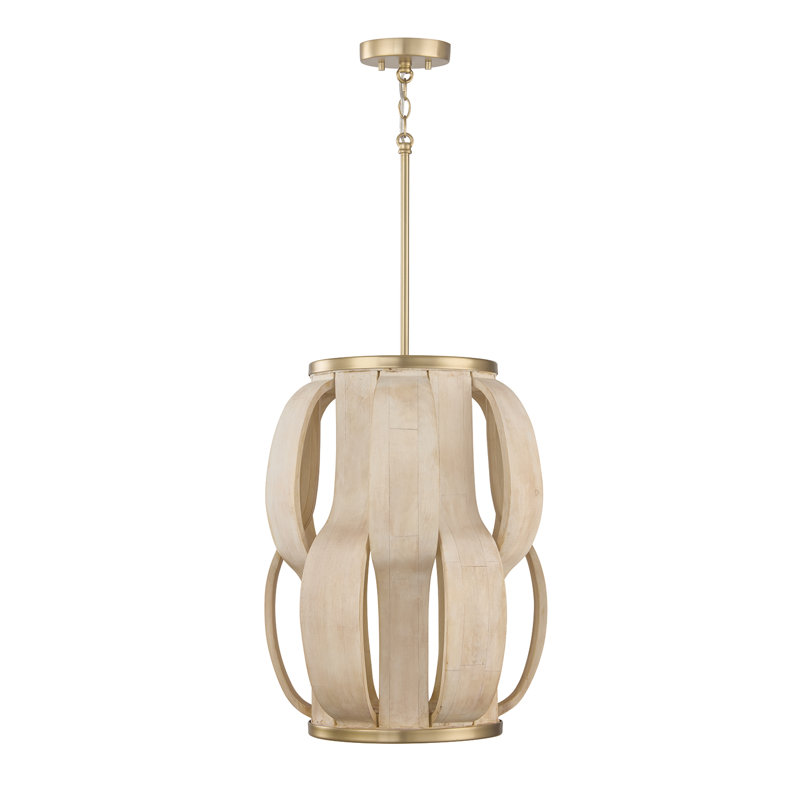 16" W x 21.25" H 1-Light Handcrafted Cylindrical Pendant in Matte Brass with Hand-carved Bleached Mango Wood Panels