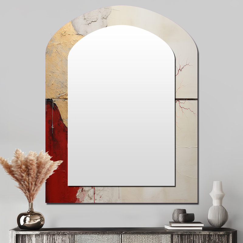 Minimalism Red And Gold Horizon - Abstract Painting Asymmetrical Large Wall Mirror, Modern Arch Unique Mirror, Printed Metal Art