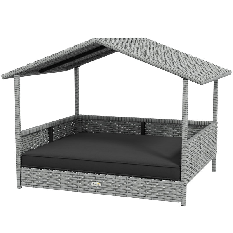Niche pour chien en osier d'extérieur avec auvent, lit pour chien en rotin avec coussin résistant à l'eau, lit pour chien surélevé pour petites et moyennes races jusqu'à 66 lb, 20 po de longueur, osier argenté, coussin gris