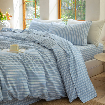 100% Washed Cotton Bedding Sheet Set 4 Pieces,1 Fitted Sheet,1 Flat Sheet and 2 Pillowcases,Comfy Textured Sheet Set