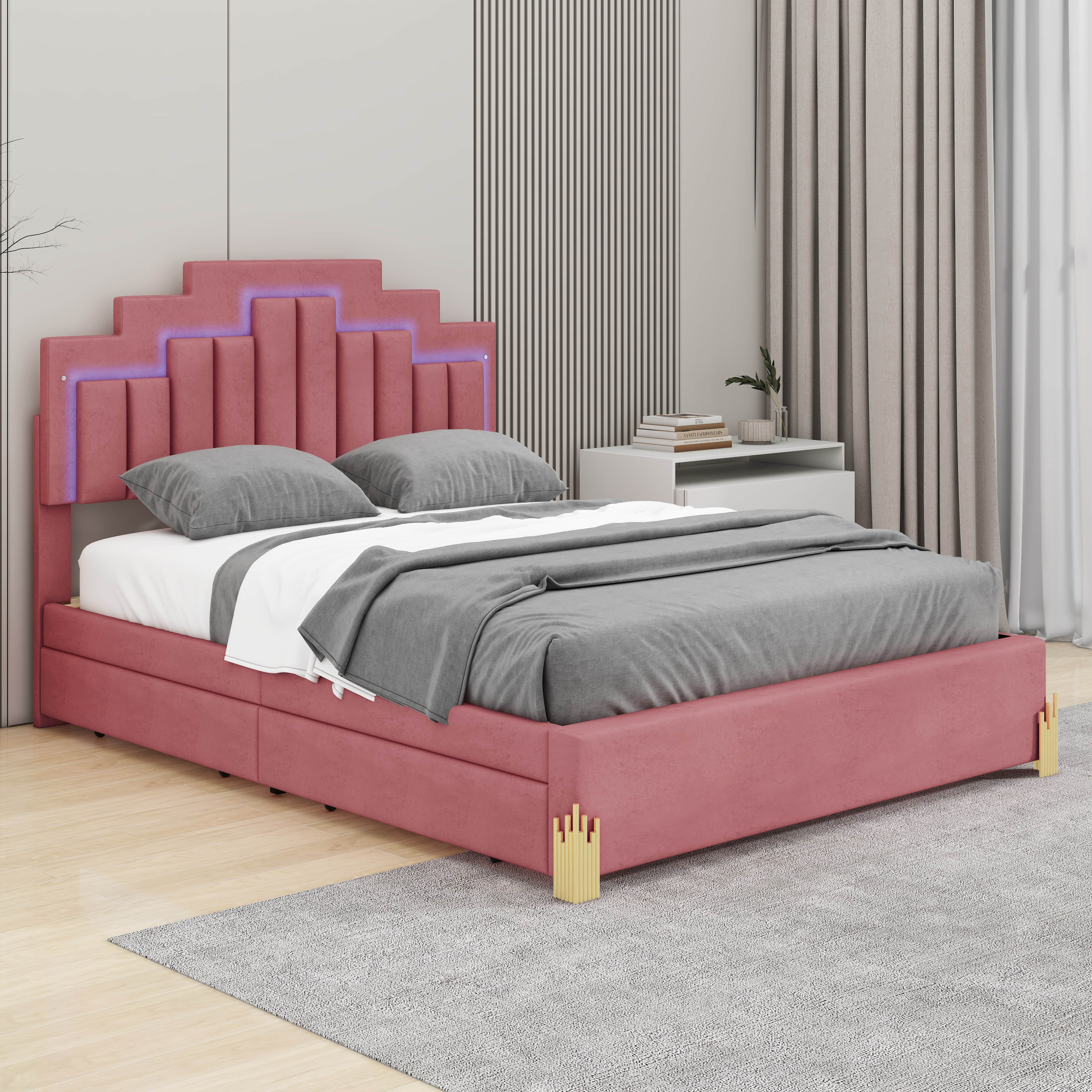 Kunpeng Upholstered Platform Bed with LED Lights and 4 Drawers, Stylish ...