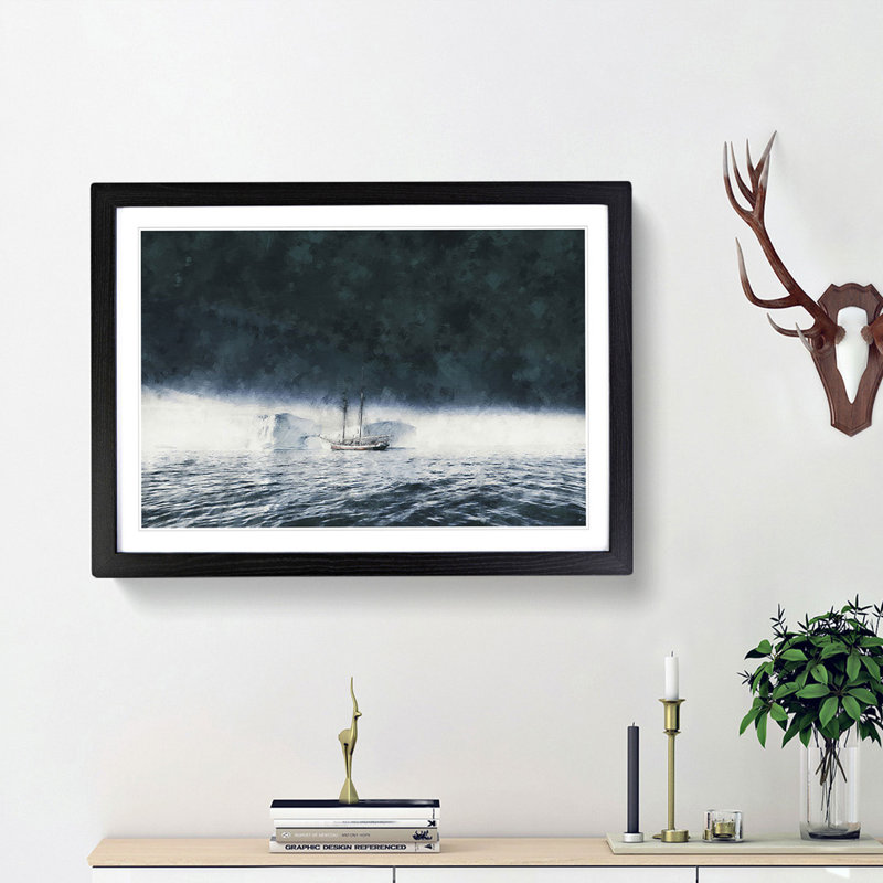 Boat In The Arctic Painting - Single Picture Frame Print on MDF, Black, 62cm H x 87cm W x 2cm D