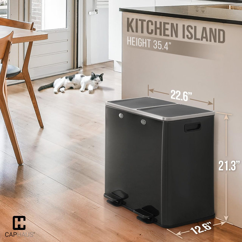 Poubelle double 2 x 6,6 gallons avec couvercle double CAPHAUS, 2 compartiments, noir / argent, 13,2 gallons, Noir