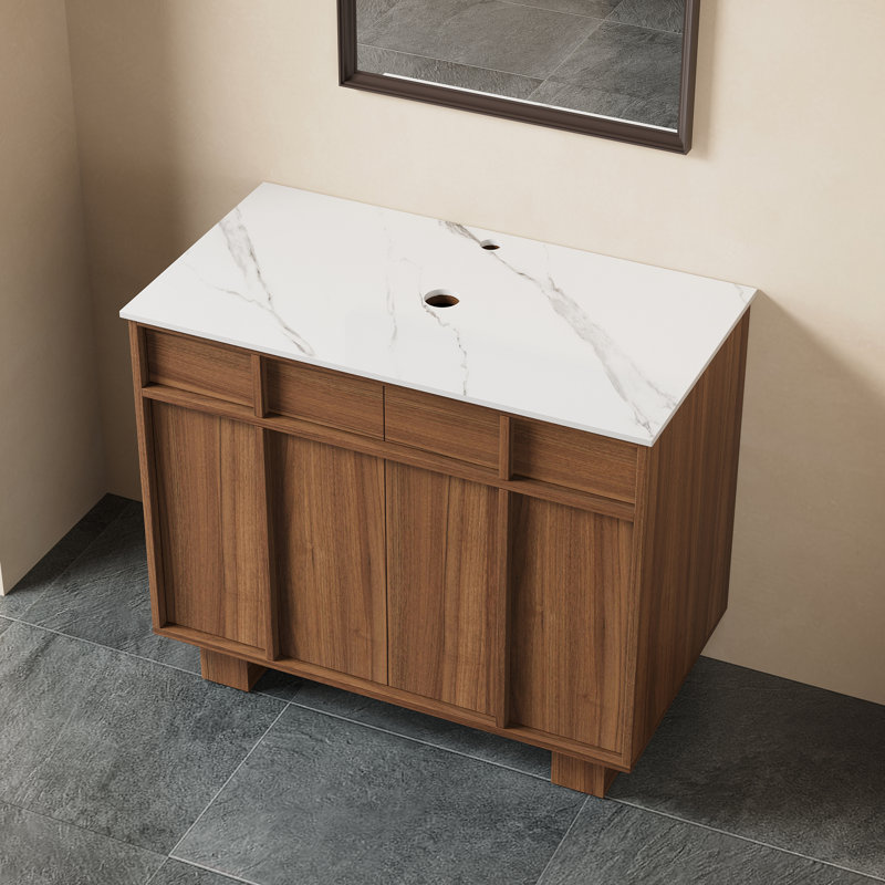 36“ Mid Century Modern Vanity Base, Brown Wood Floor Cabinet for Bathroom, Not Sink Included