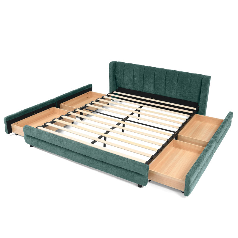 Grands lits confortables avec tissu en chenille et tiroirs de rangement