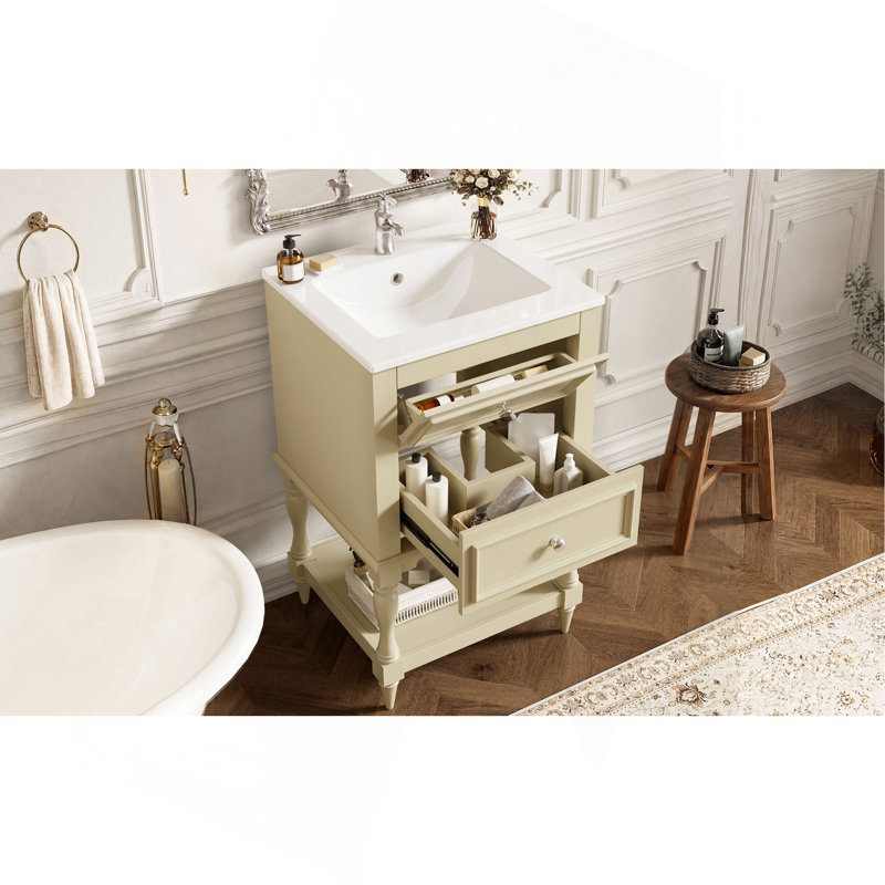 Meuble-lavabo de 20 po avec lavabo en céramique, armoire de rangement avec tablette ouverte, armoire de salle de bain rétro avec 2 tiroirs