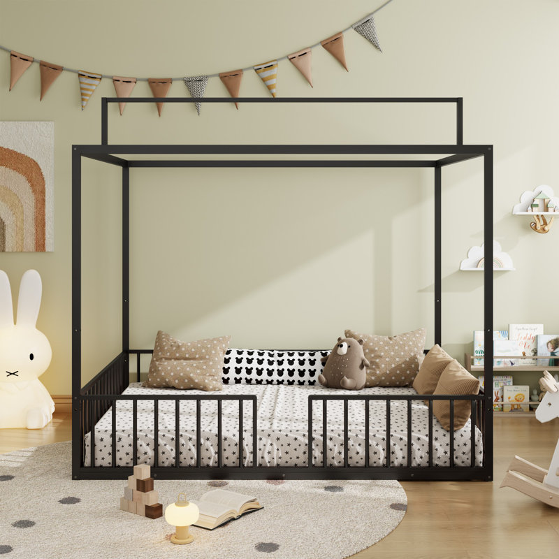 Lit convertible 3-en-1 Montessori, lit escamotable avec support à lattes robustes, lit à baldaquin de conception minimaliste moderne, assemblage facile