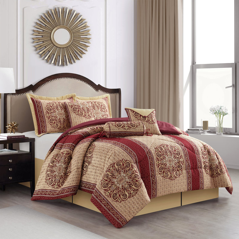 Myhand Microfiber 7 Piece Comforter Set, Queen Comforter + 6 Additional Pieces, Wine/Gold