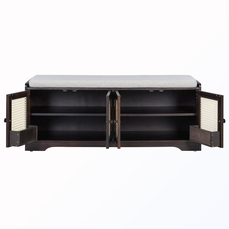 Rattan Shoe Bench with Removable Cushion & Adjustable Shelves, Espresso
