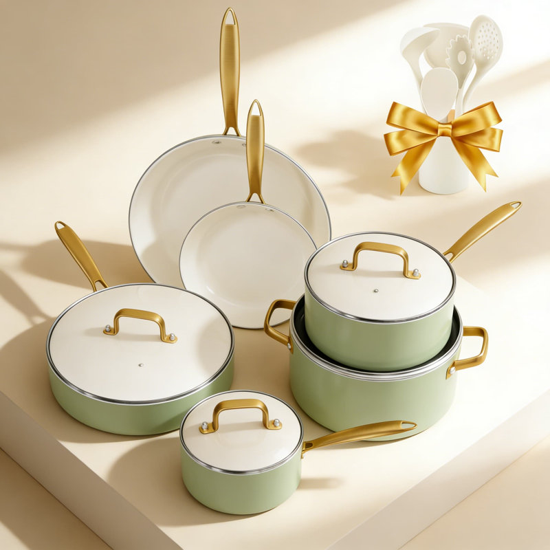 Ensemble de batterie de cuisine antiadhésive en céramique avec ustensiles - Ensemble de 16 casseroles et poêles non toxiques pour toutes les surfaces de cuisson, allant au four, comprenant une cocotte, des casseroles, des poêles à frire et une poêle à sauter