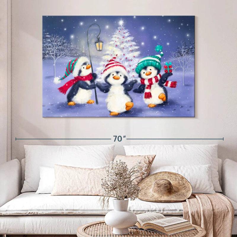 Trois pingouins avec arbre de Noël, H 34 po x l 51 po