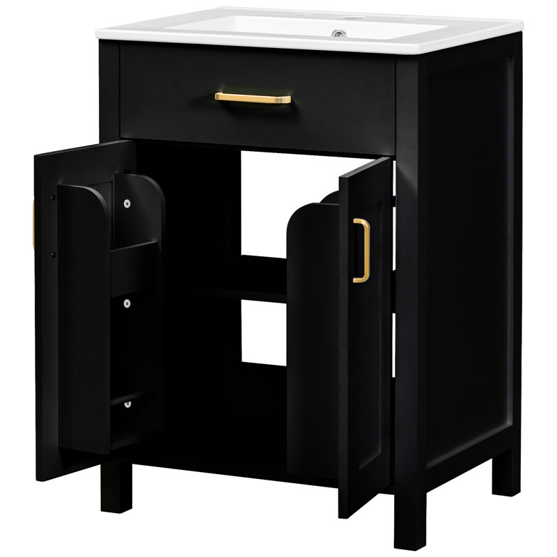 Meuble-lavabo 24 po - Luxueux meuble en bois massif noir avec lavabo en céramique et rangement pratique, Noir