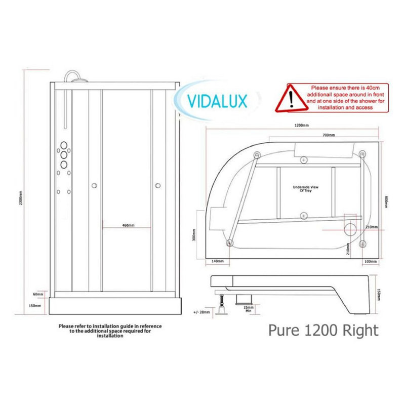 Vidalux Pure 1200 Right 1200 x 800 Shower Cabin-White, White