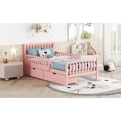 Twin Size Wood Platform Bed In Pink With Guardrails And Organized Storage Efficient Space