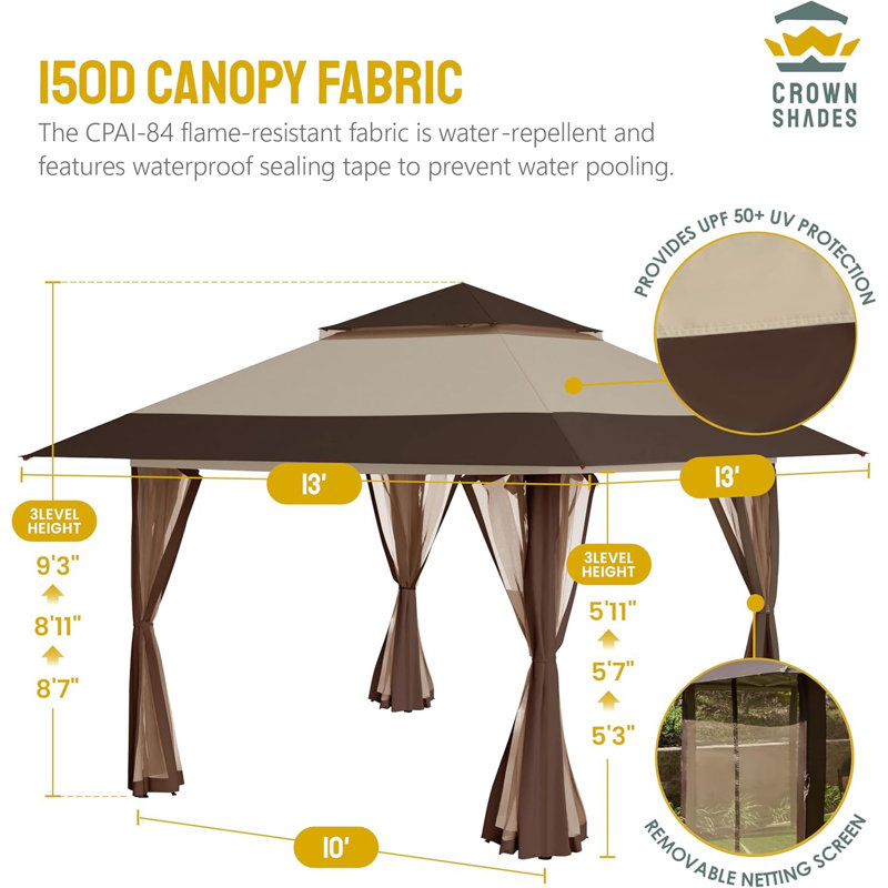 CROWN SHADES Pop Up Gazebo, Patented One Push Outdoor Canopy Tent with Wheeled STO-N-Go Cover Bag, Pop Up Canopy with Netting for Patio, Party, Backyard