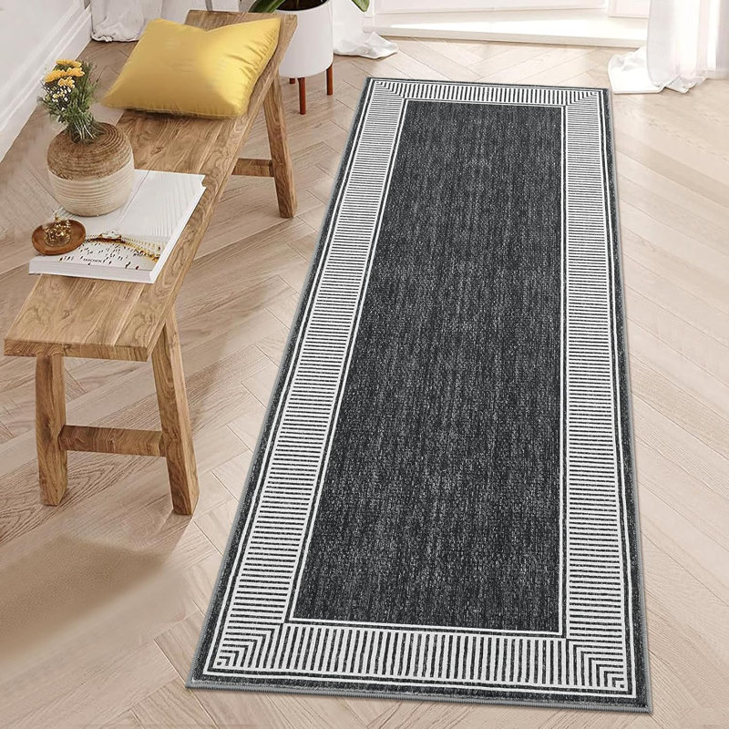 Striped Machine Printed Area Rug, Black, Runner 60 x 230 cm