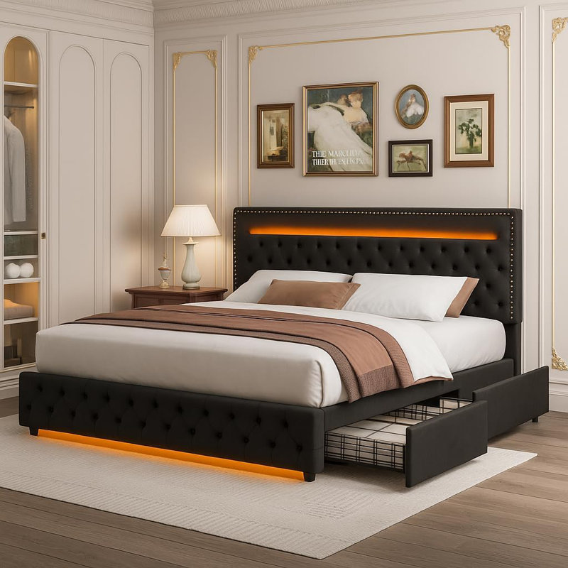 Structure de lit tapissier avec tête de lit réglable, lumières DEL Rhyth Sync, 4 tiroirs de rangement sous le lit, aucun sommier nécessaire, velours