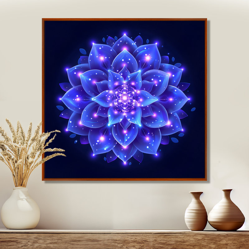 Décoration murale néon mauve fleur de lotus cosmique - Mandala Boho, Toile avec cadre flottant noir