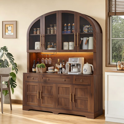 Farmhouse 75.8" Tall Arched Pantry Storage Cabinet with Kitchen Hutch & 8 Doors, Kitchen Pantry Cabinet with LED & Charging Station