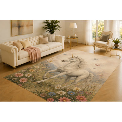 "Ultra Lightweight" 5'x7'  Unicorn Rug, White Magical Horse Running Through a Flower Meadow with Butterflies, Soft Floor Cover for Bedroom, Nursery, Playroom and Fantasy Decor