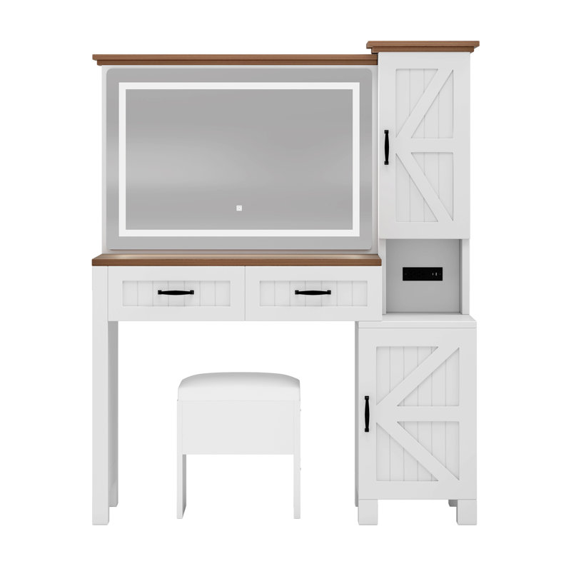 Makeup Table Set Stool Farmhouse-Style Vanity Desk with Built-In Power, Ample Storage and LED Lighted Mirror