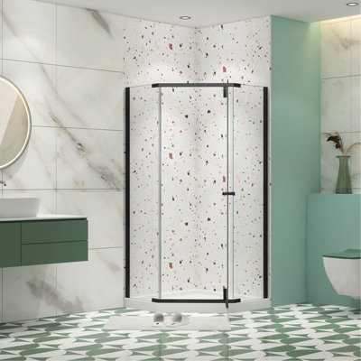 Pivot Shower Enclosure Matte Black - 1/4" Tempered Glass For Bathroom Style Enhancement 34.75"X34.75"X72" Door Comfortable Use