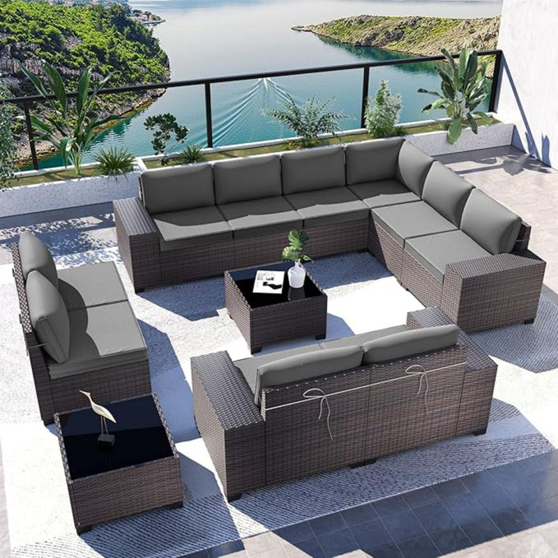 Dawes 12-Piece Outdoor Rattan Sectional Set With Cushions And Tempered Glass Table, Gray