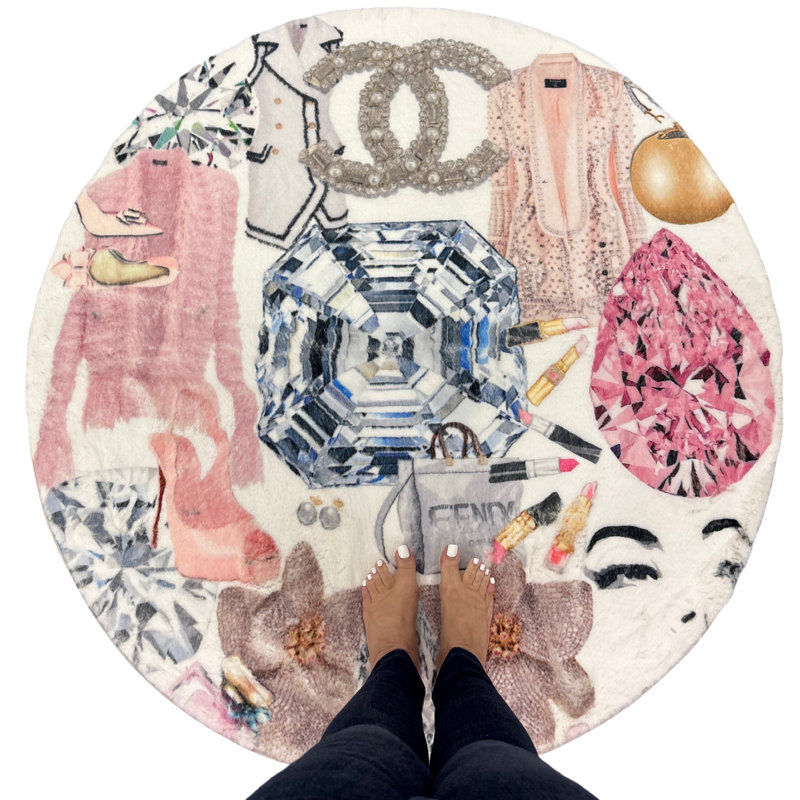 Geometric Area Rug, Pink White, Round 8'