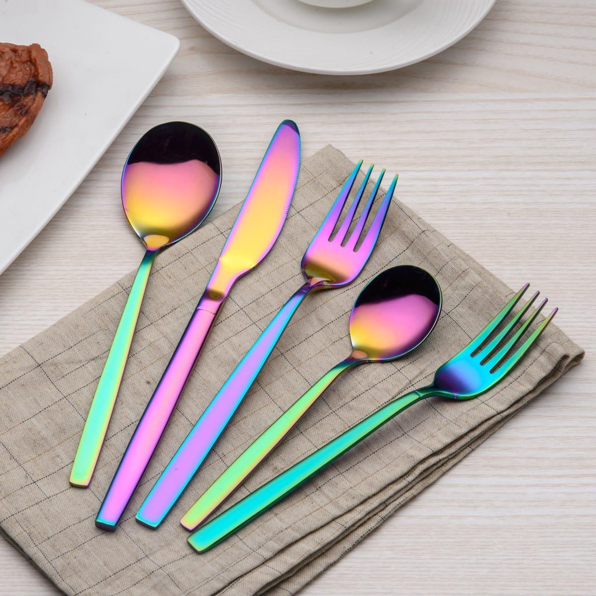 24 Pieces Rainbow Silverware Set with Steak Knives for 4, Stainless Steel Flatware Cutlery Set Orren Ellis