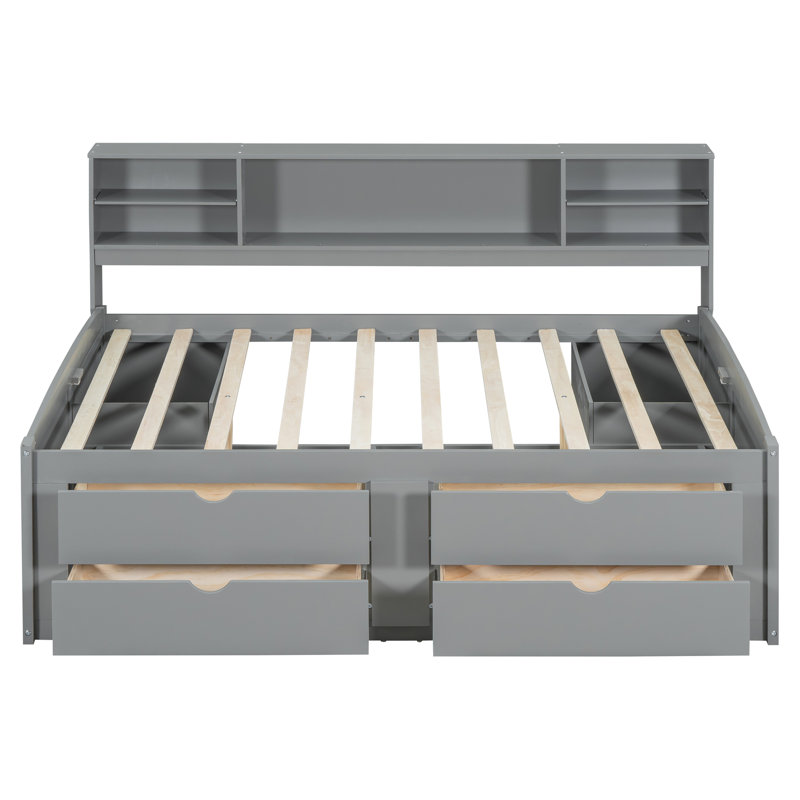 Lit de jour pleine grandeur gris avec 2 armoires de chevet élégantes, 4 tiroirs et charmantes armoires de rangement et tablettes supérieures - Maximisez le style de l'espace