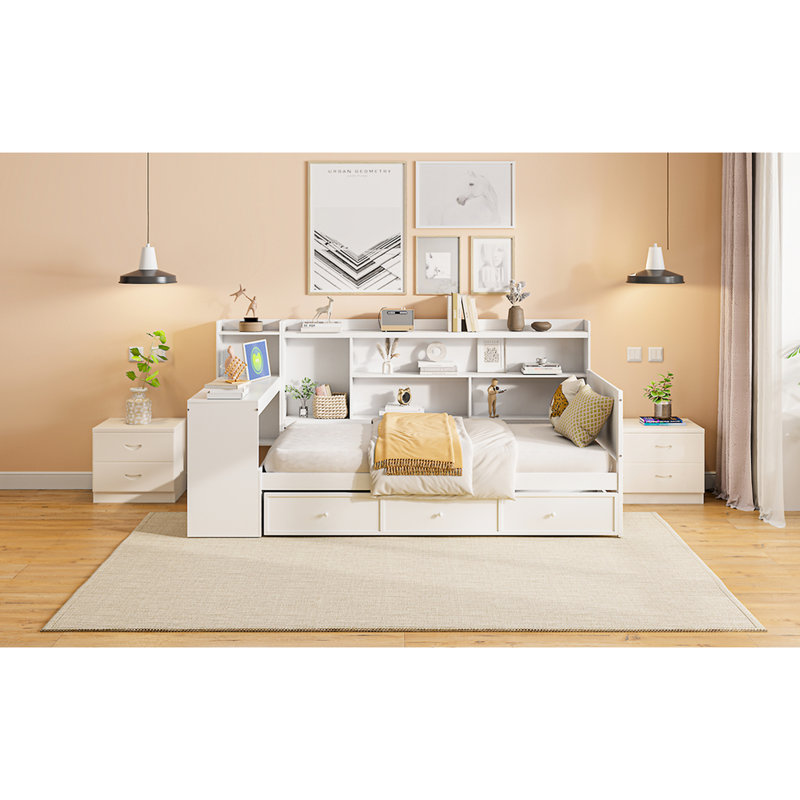 Lit de jour simple en bois blanc avec 3 tiroirs de rangement et bureau - Pin solide pour une nuit de détente, Lit simple