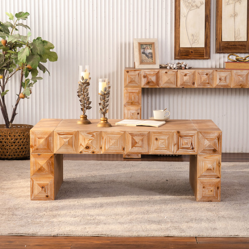 Table basse de 47,51 po en bois massif et rectangulaire avec relief géométrique 3D rustique, pour des espaces de vie décontractés, des pieds faciles à nettoyer et inspirés du relief, une installation simple