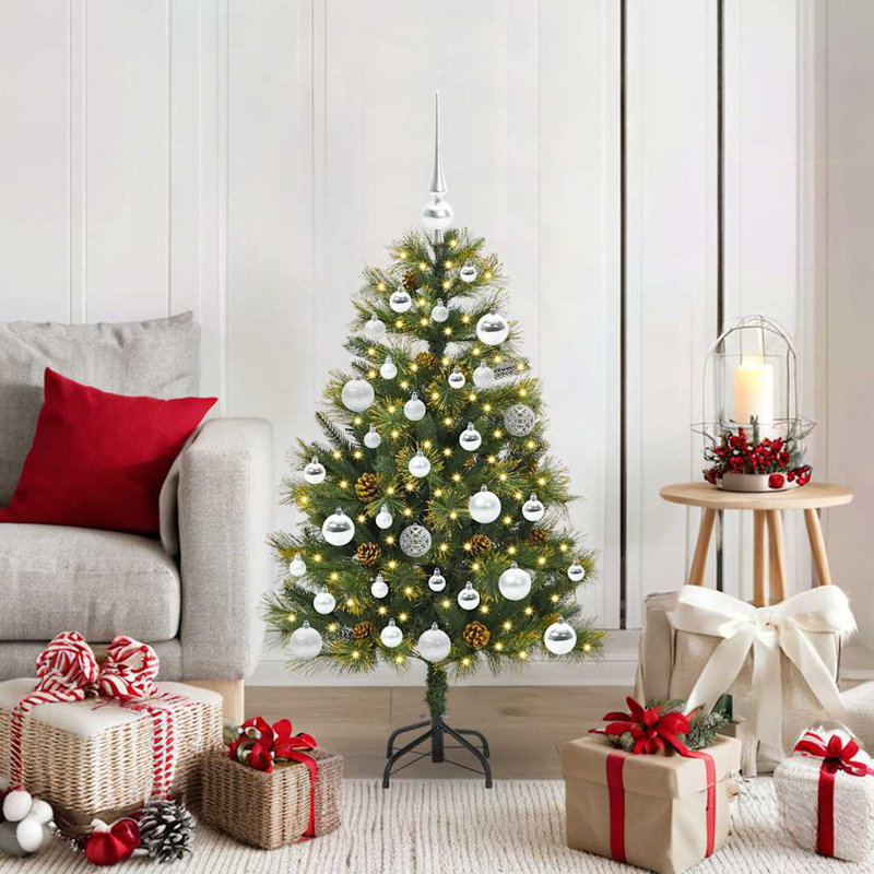 Artificial Hinged Christmas Tree with Cones, Silver, 4.92' H